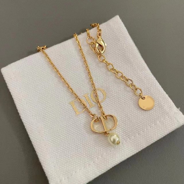 Dior Gold Crystal CD Charm Necklace for Women