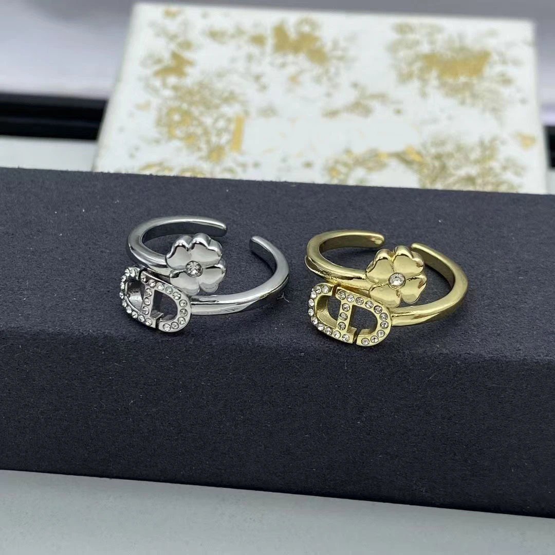 Dior Gold Crystal Flower CD Logo Open Ring Jewelry