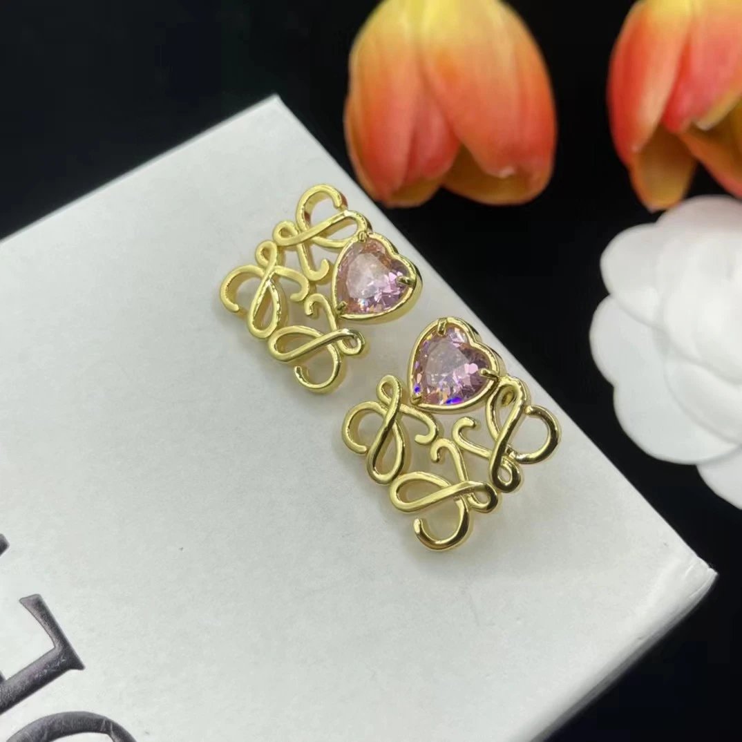 Loeve Gold Heart Pink Crystal Earrings
