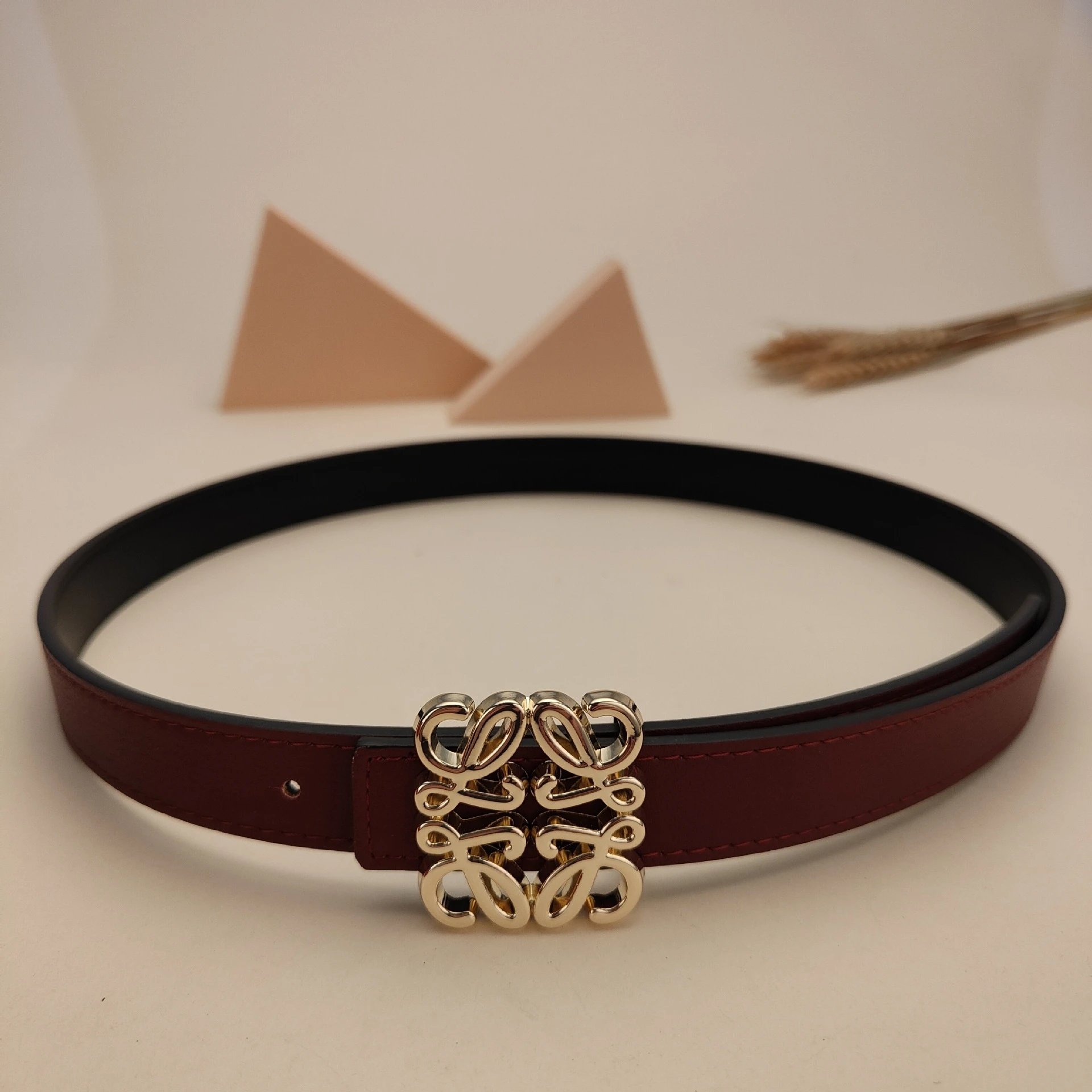 Loewe Anagram Burgundy Leather Belt Gold Buckle Unisex