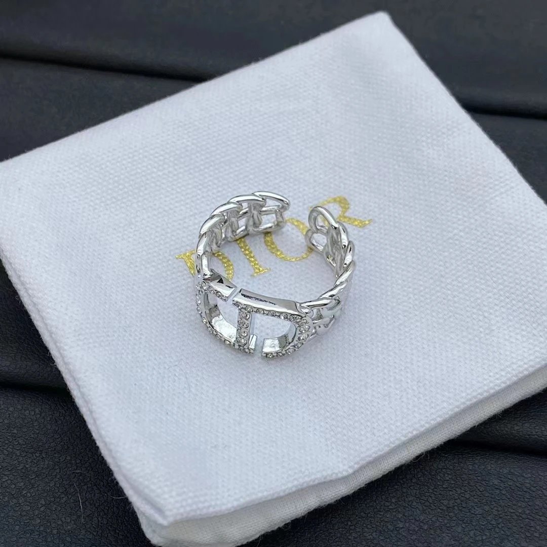Dior Silver Crystal Logo Chain-Link Ring