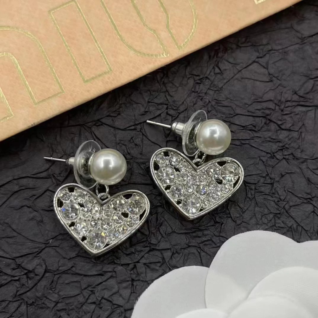 Miu Miu Silver Heart Pearl Crystal Earrings