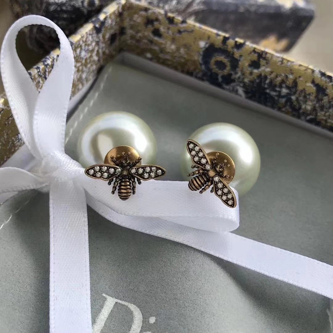 Dior Gold Bee Pearl Crystal Elegant Earrings