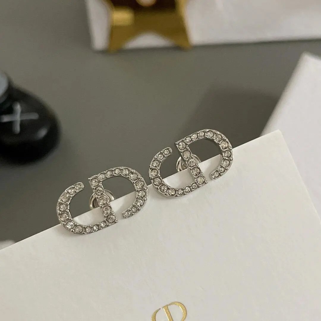 Dior Classic Silver Crystal CD Logo Earrings Women