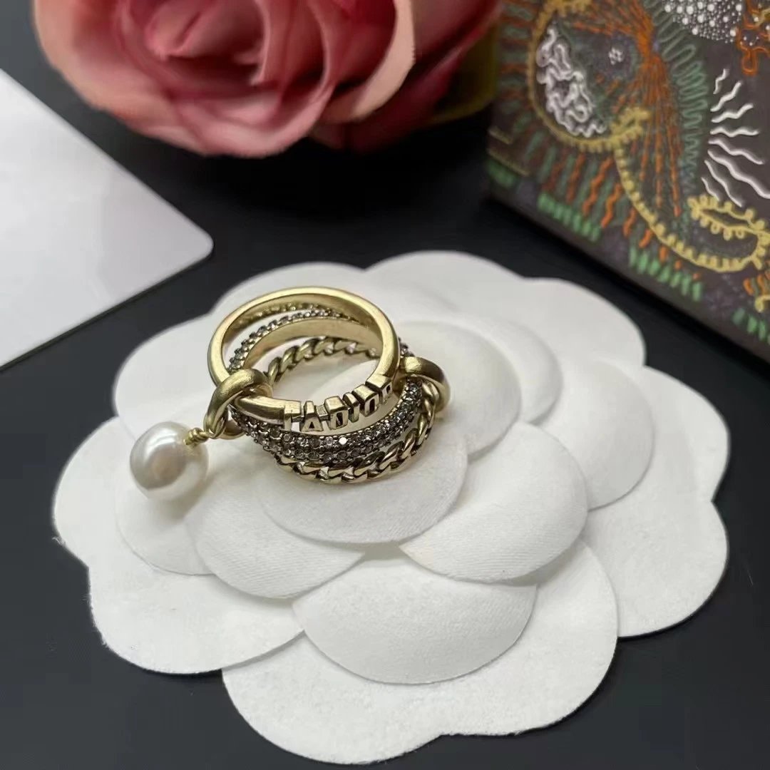 Dior Gold Chain Crystal Ring with Pearl