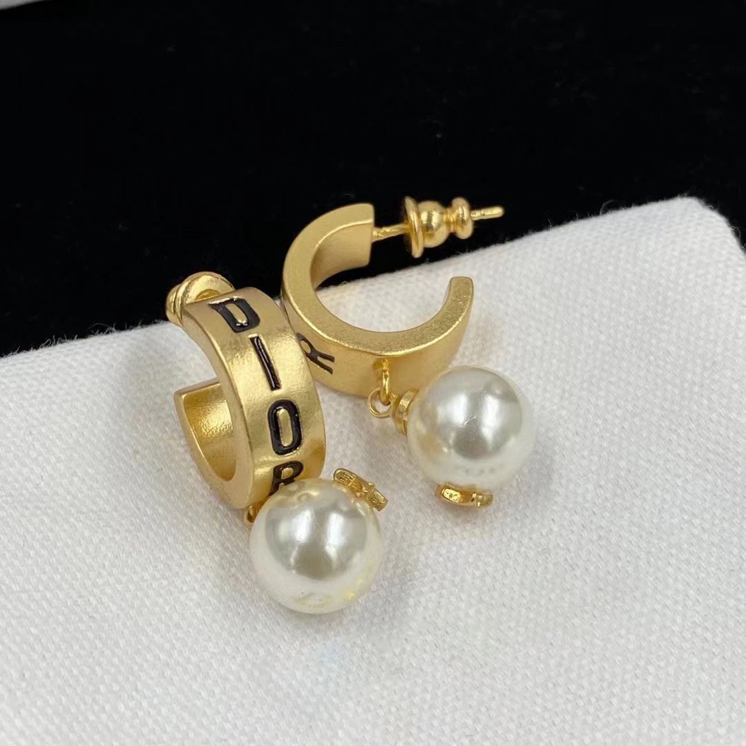 Dior Vintage Gold Letter Pearl Drop Earrings
