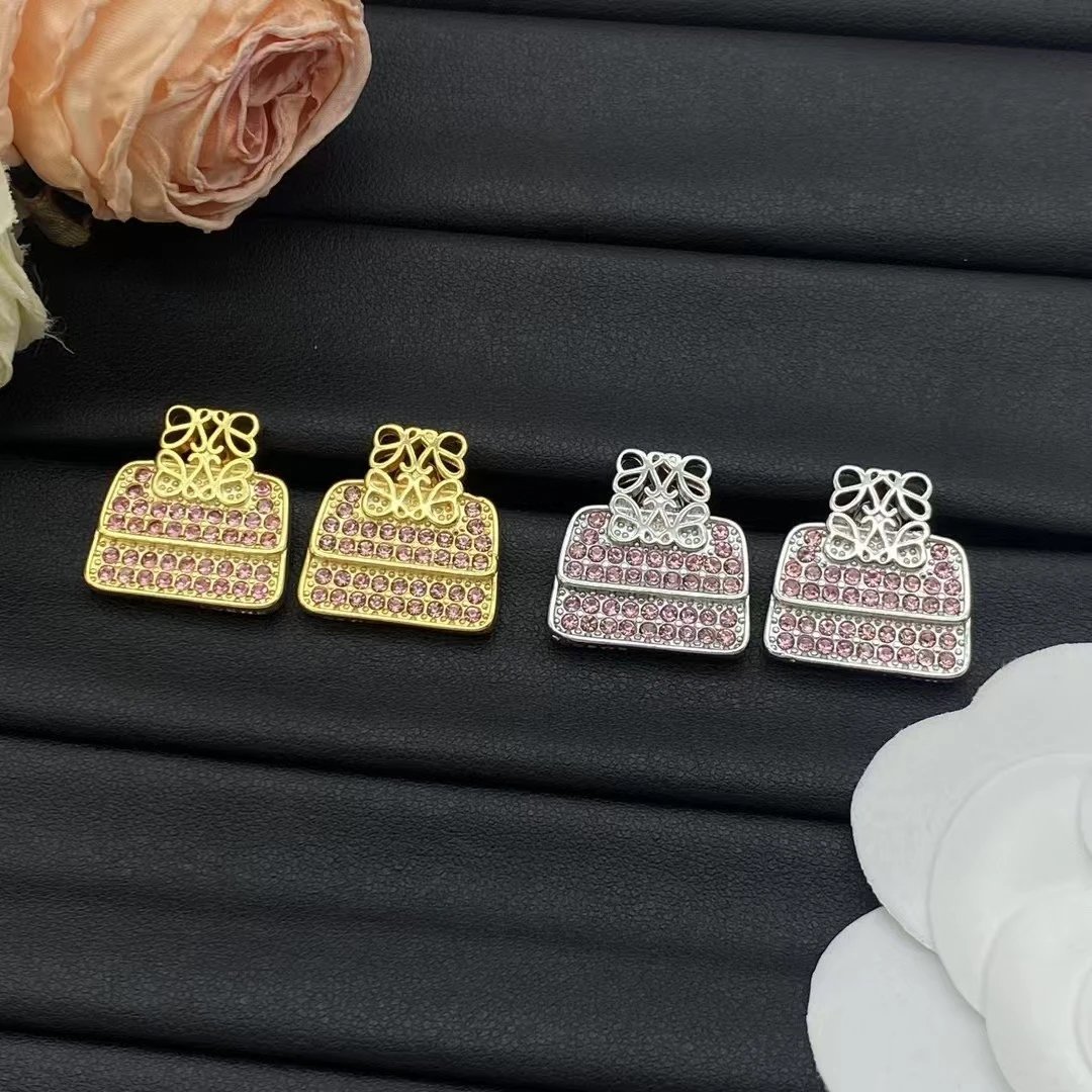 Loewe Gold Pink Crystal Geometric Logo Earrings