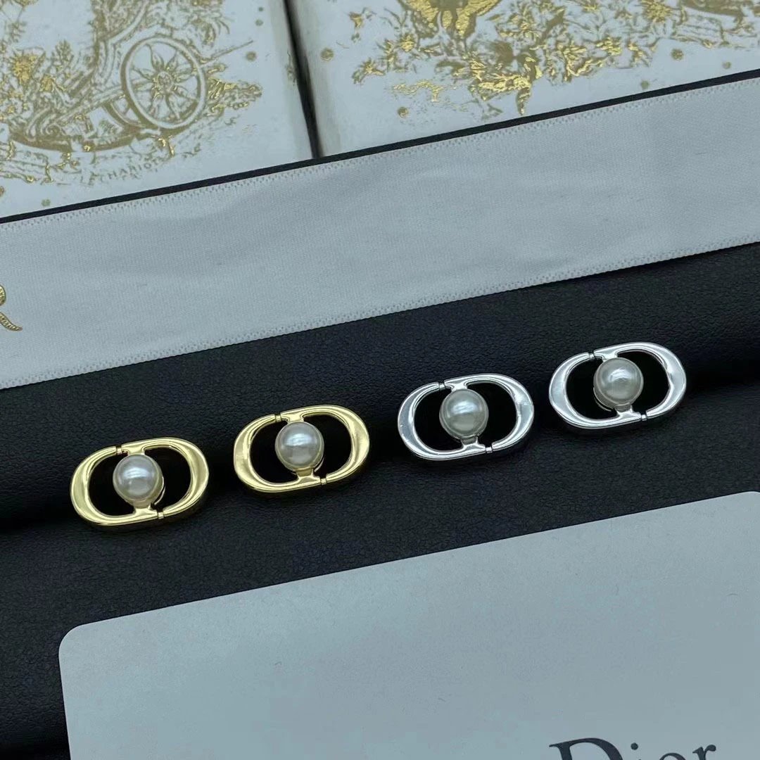 Dior Gold CD Logo Pearl Stud Earrings