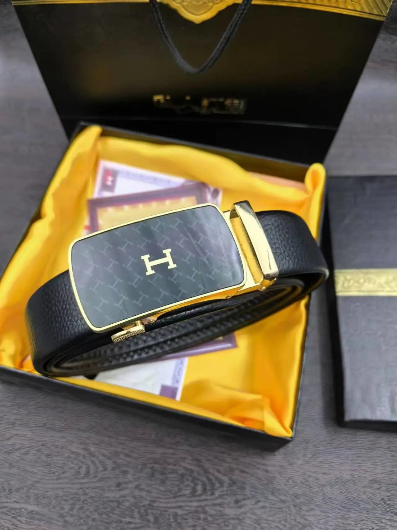 Hermes Men Black Leather Belt Gold H Buckle