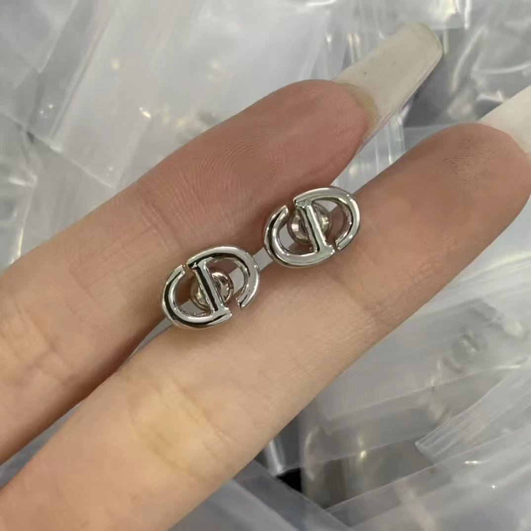 Dior Silver CD Logo Unisex Double Ring Earrings