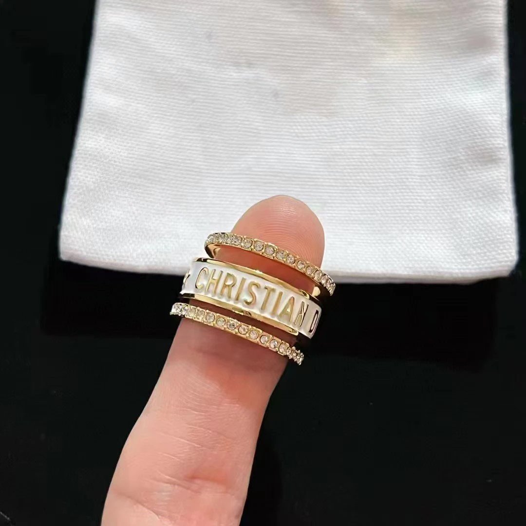 Dior Gold Crystal Letter Ring Unisex Luxury Jewelry