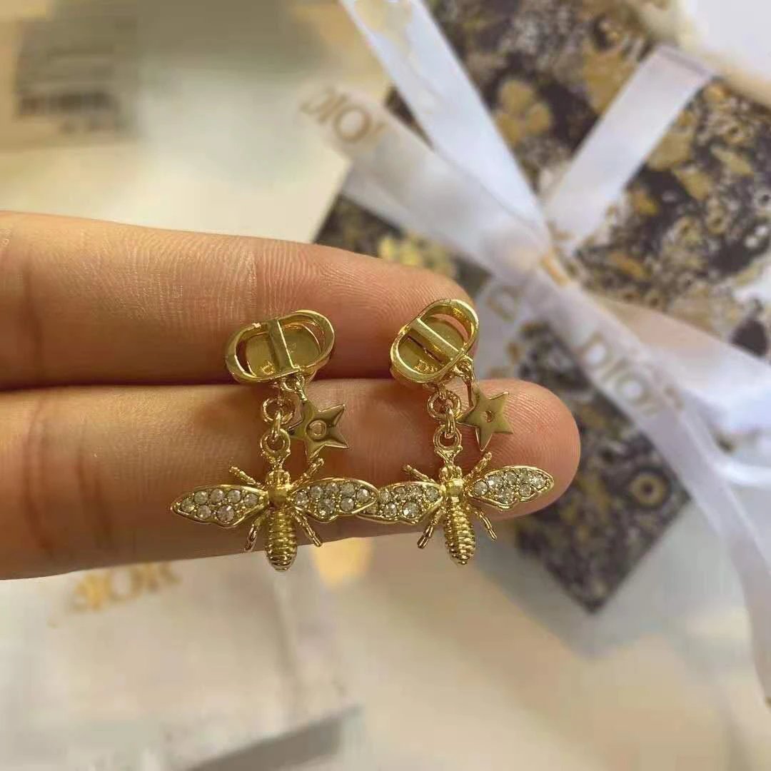 Dior Golden Bee Crystal Drop Earrings Jewelry