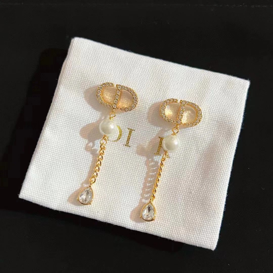 Dior Gold Pearl Crystal Drop Earrings
