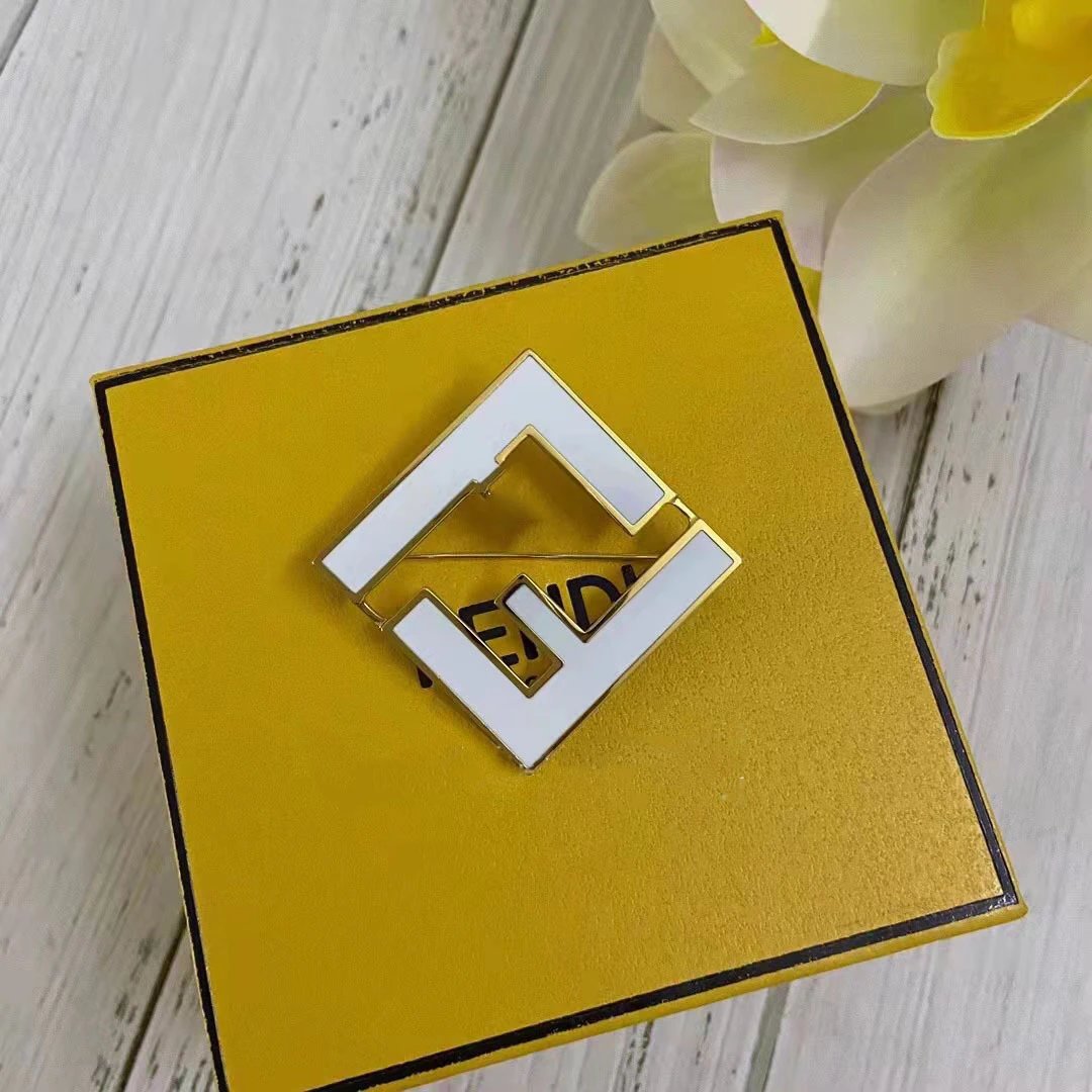 Fendi Icon White Geometric Gold Metal Brooch