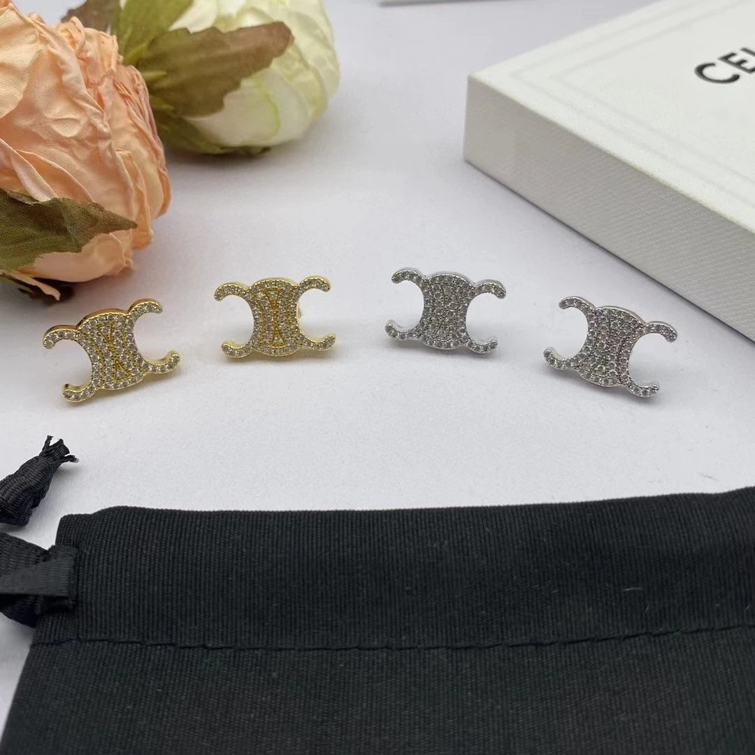 Celine Triomphe Gold Crystal Unisex Earrings