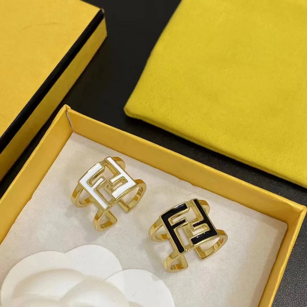 Fendi Black Gold FF Logo Enamel Ring