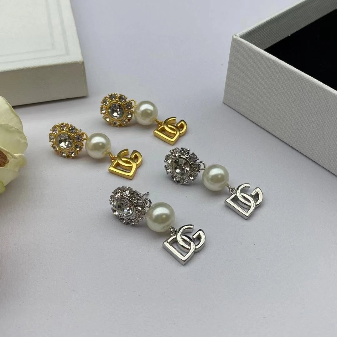 D&G Gold Pearl Crystal Logo Drop Earrings