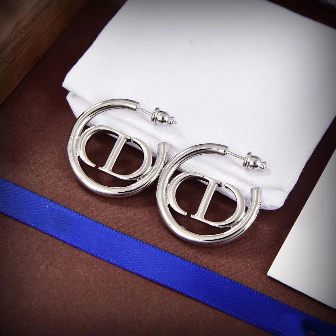 Dior Classic CD Silver Round Hollow Earrings for Women