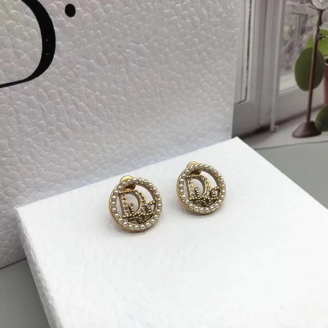 Dior Gold Pearl Round Logo Hollow Earrings