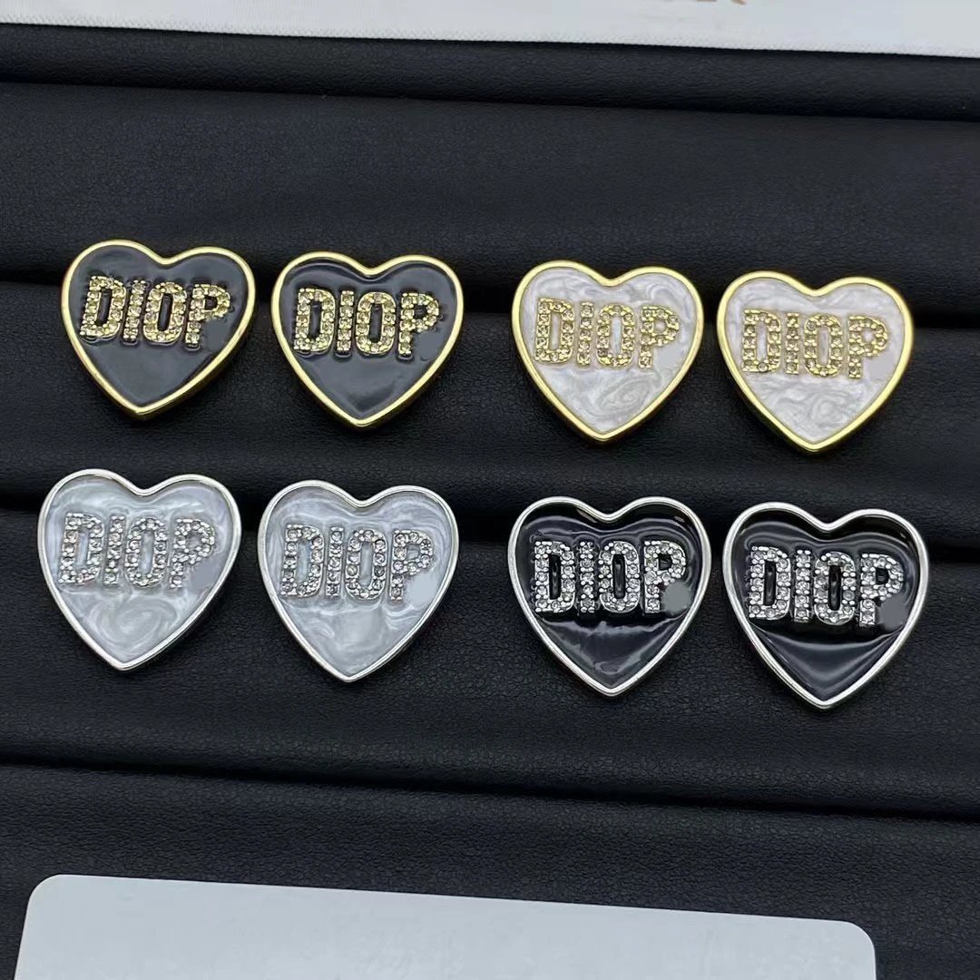 Dior Heart Enamel Crystal Letter Brooch Gold Black White