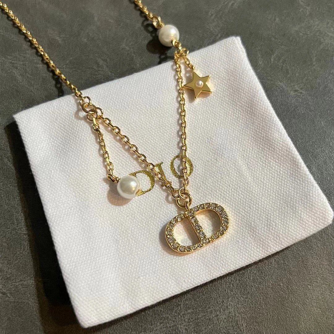 Dior Gold Crystal CD Necklace with Pearl and Star Charms