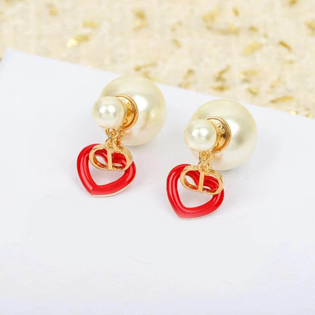 Dior Red Heart Pearl Earrings Gold CD Logo Jewelry