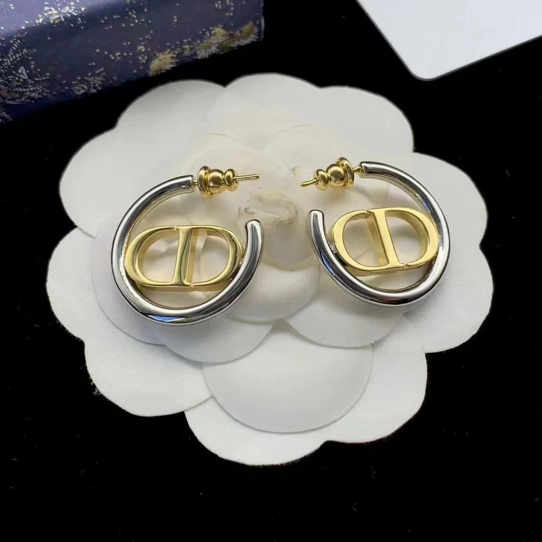 Dior Gold Silver CD Logo Hoop Earrings