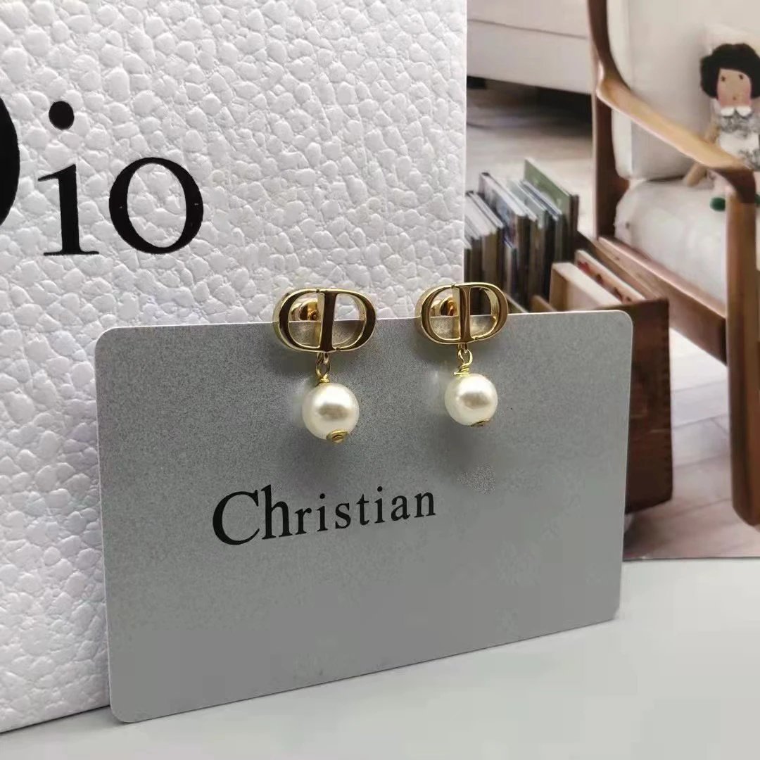 Dior Gold CD Logo Pearl Drop Earrings Jewelry
