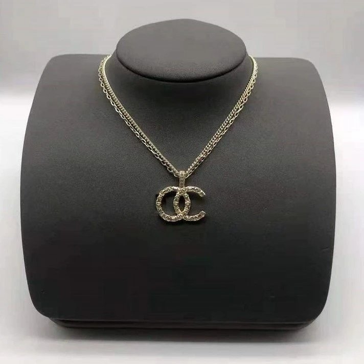 Chanel Gold Crystal Double C Pendant Necklace