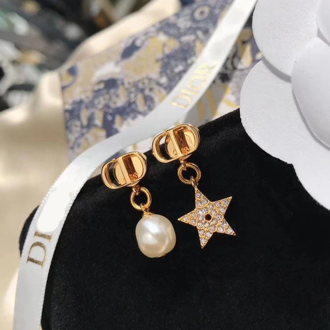Dior Gold Pearl Star Crystal Asymmetric Earrings