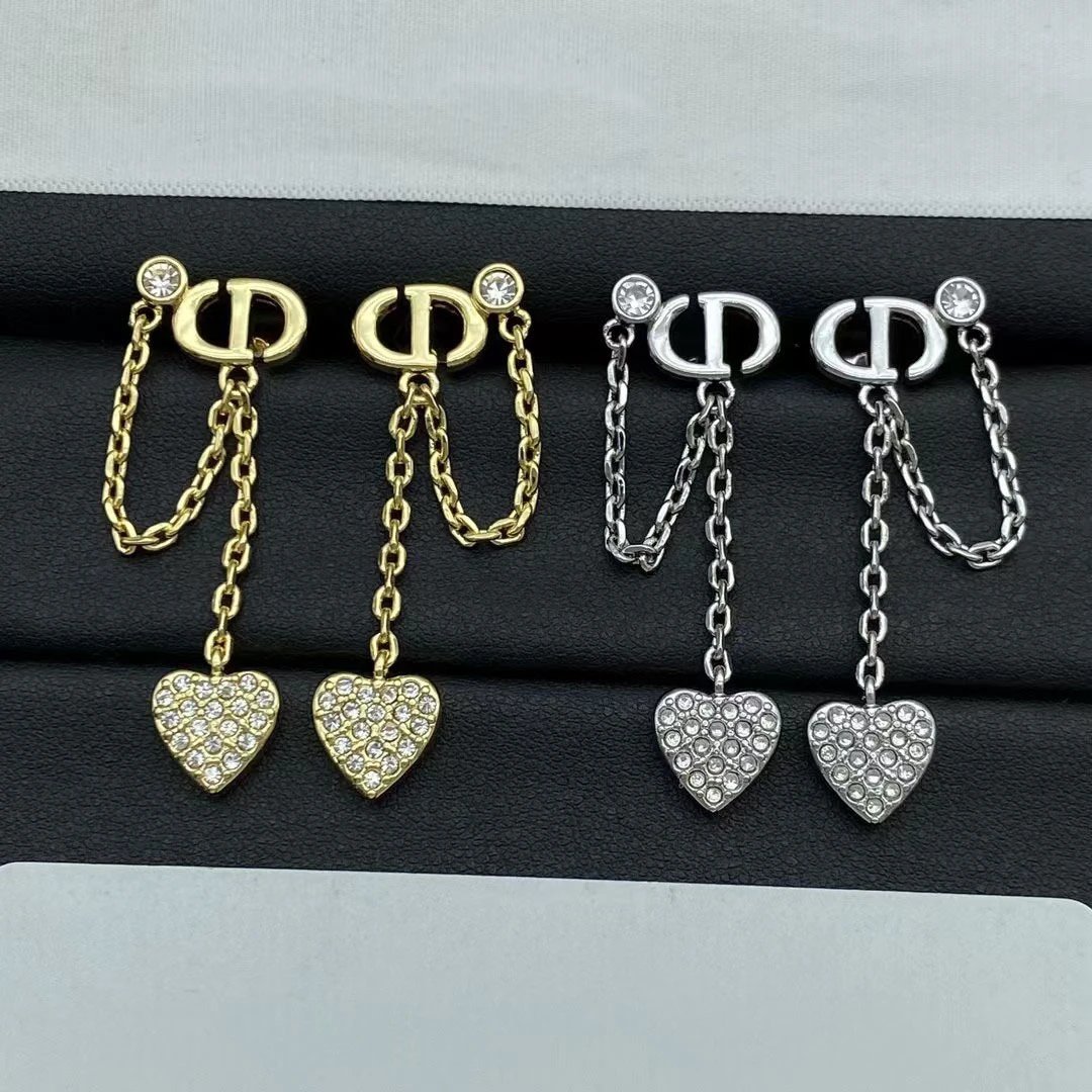 Dior Gold Chain Heart Crystal Earrings Luxury Jewelry