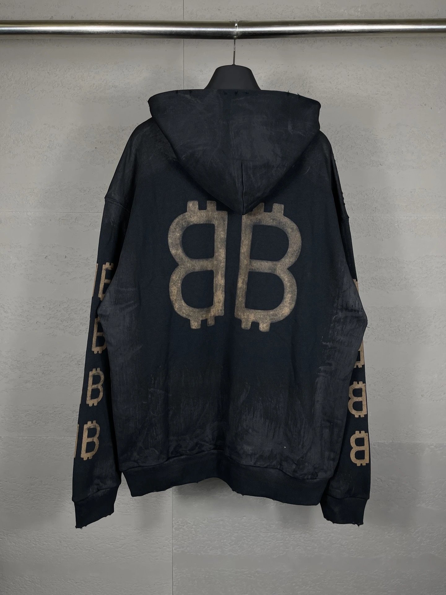 Balenciaga Bitcoin Logo Distressed Black Hoodie - 5