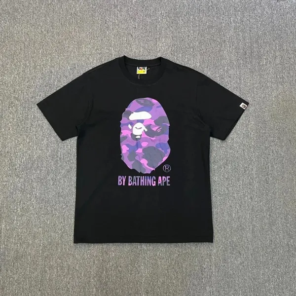 A Bathing Ape Purple Camo猿人头印花T恤 Black T-Shirt - 1
