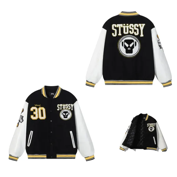 Stüssy varsity jacket black white gold - 1