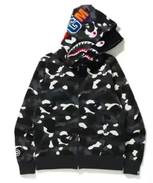A Bathing Ape Shark Camo Full-Zip Hoodie Black - 1