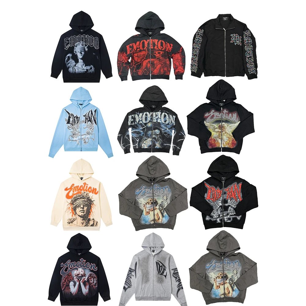 Cross border American fashion new Mixed EMOTION American street hip-hop pure cotton highly restored hooded sweatshirt
