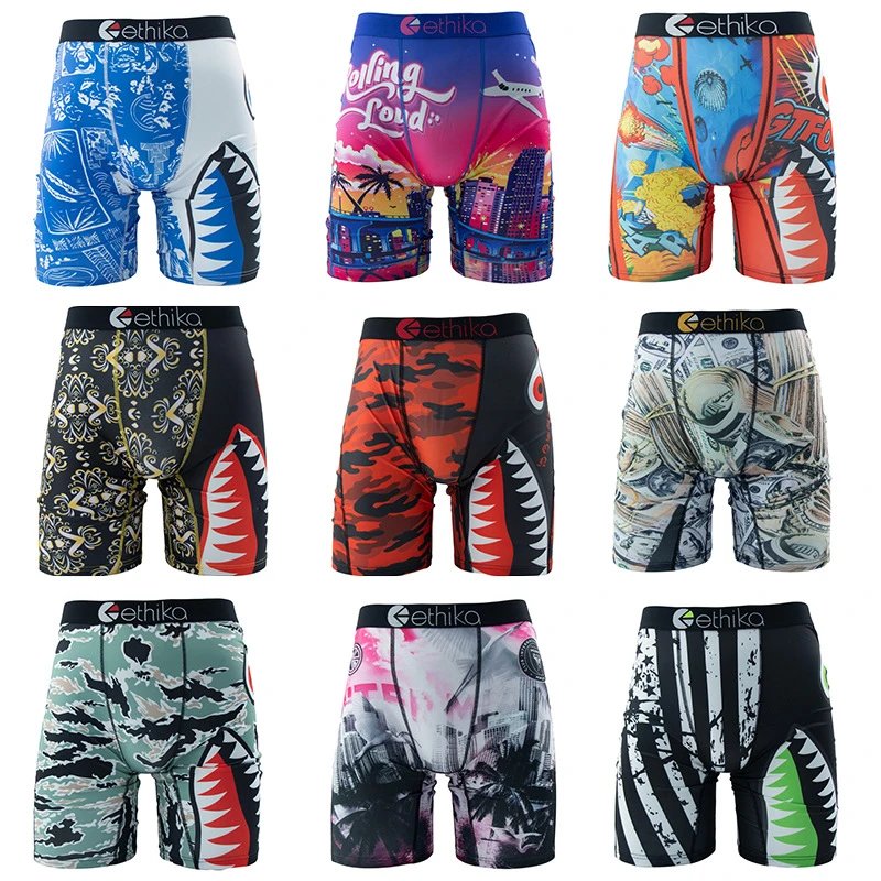 [European and American Hot] Ethika Underwear Men's Black Green Graffiti Shark Print Flat Corner Underwear Sports Four Corner Underwear