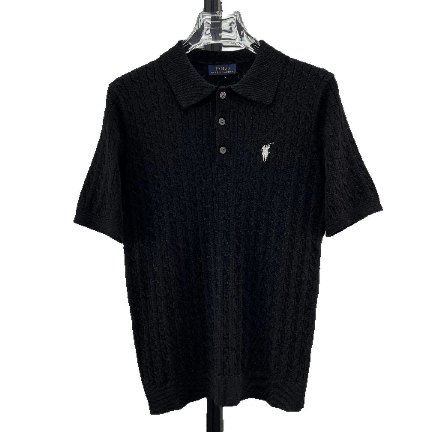 R Brand Pony Embroidery Classic Cable Stripe Casual Knit Polo Short Sleeve Top