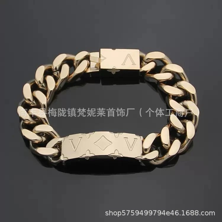Titanium Steel Denim Cuban Link Carved Letter Bracelet photo 5