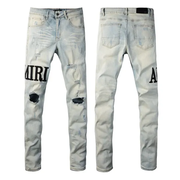 Amiri Distressed Logo Print Light Wash Skinny Jeans - 1