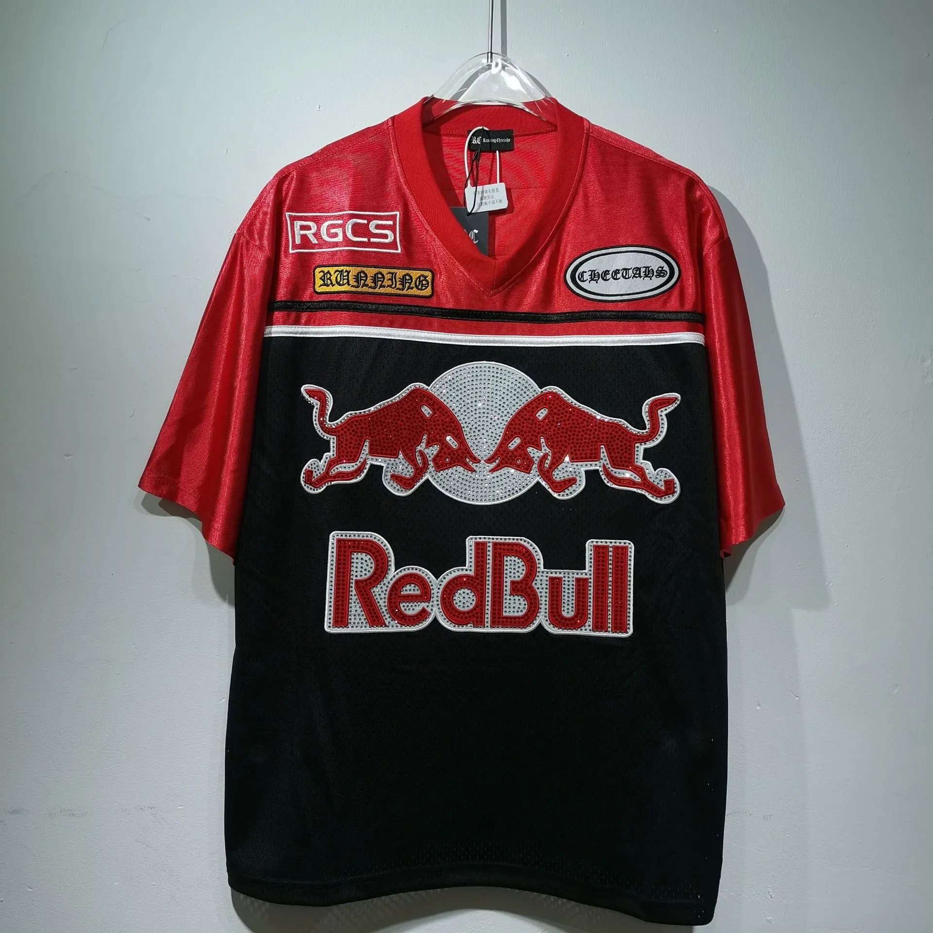 26SS American Hot-Fix Rhinestone Embroidered Logo Jersey V-Neck T-Shirt photo 2