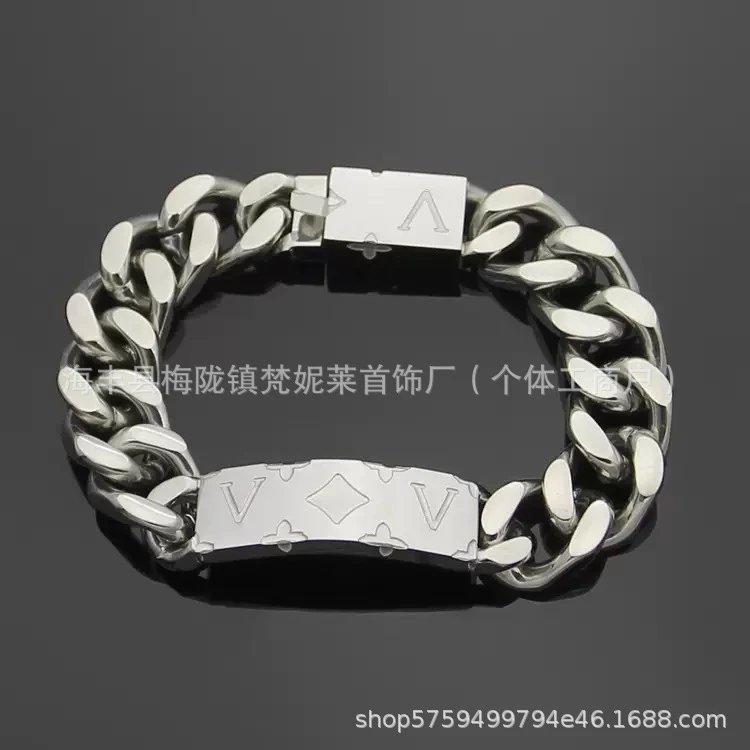 Titanium Steel Denim Cuban Link Carved Letter Bracelet photo 2