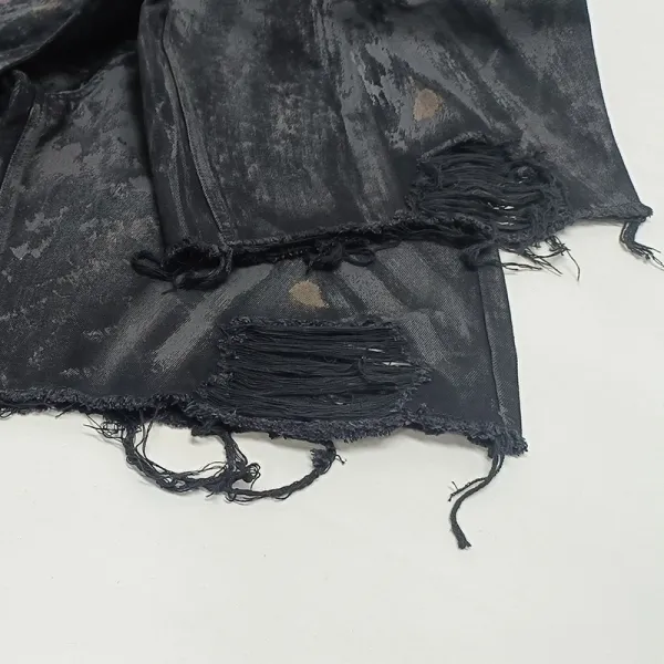 Design Distressed Black Denim Shorts with Raw Hem and Bleach Wash - 8