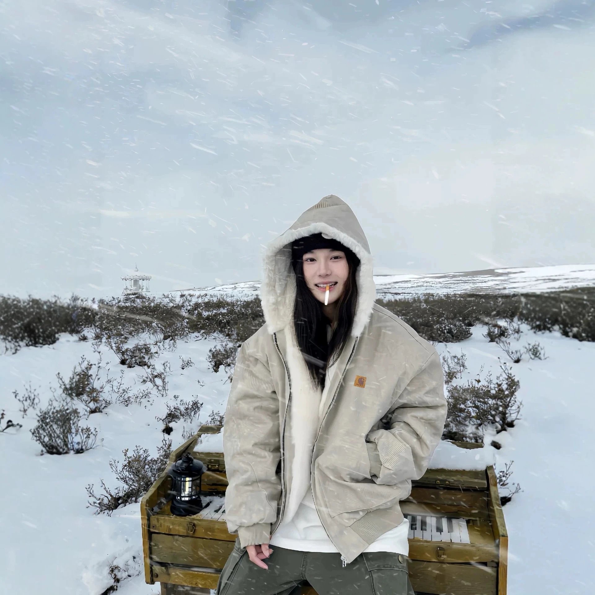 Marble Print Faux Mink Fur Hooded Puffer Jacket