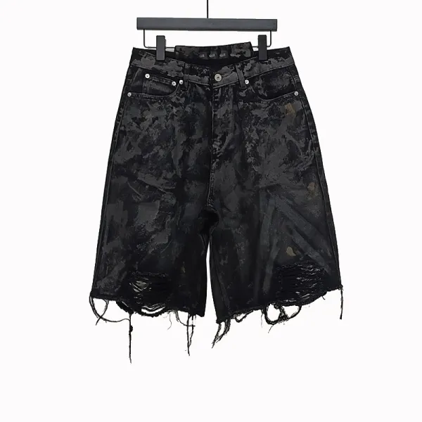 Design Distressed Black Denim Shorts with Raw Hem and Bleach Wash - 6