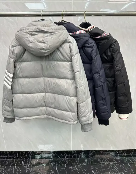 Thom Browne Down Jacket Gray with Four-Bar Stripe Sleeve and Hood - 5