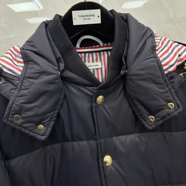 Thom Browne Down Jacket Gray with Four-Bar Stripe Sleeve and Hood - 15