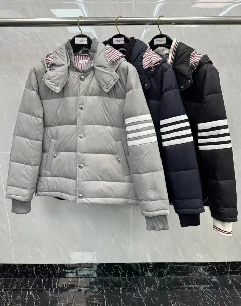 Thom Browne Down Jacket Gray with Four-Bar Stripe Sleeve and Hood - 4