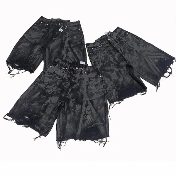 Design Distressed Black Denim Shorts with Raw Hem and Bleach Wash - 1