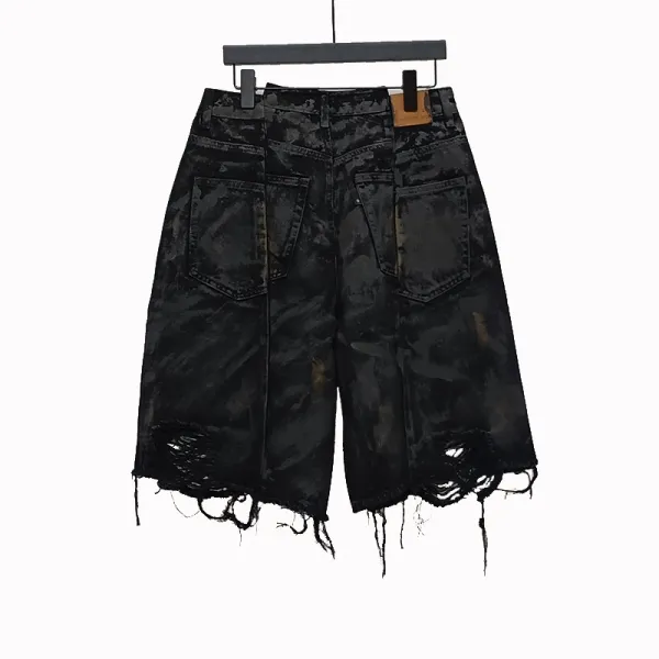 Design Distressed Black Denim Shorts with Raw Hem and Bleach Wash - 7